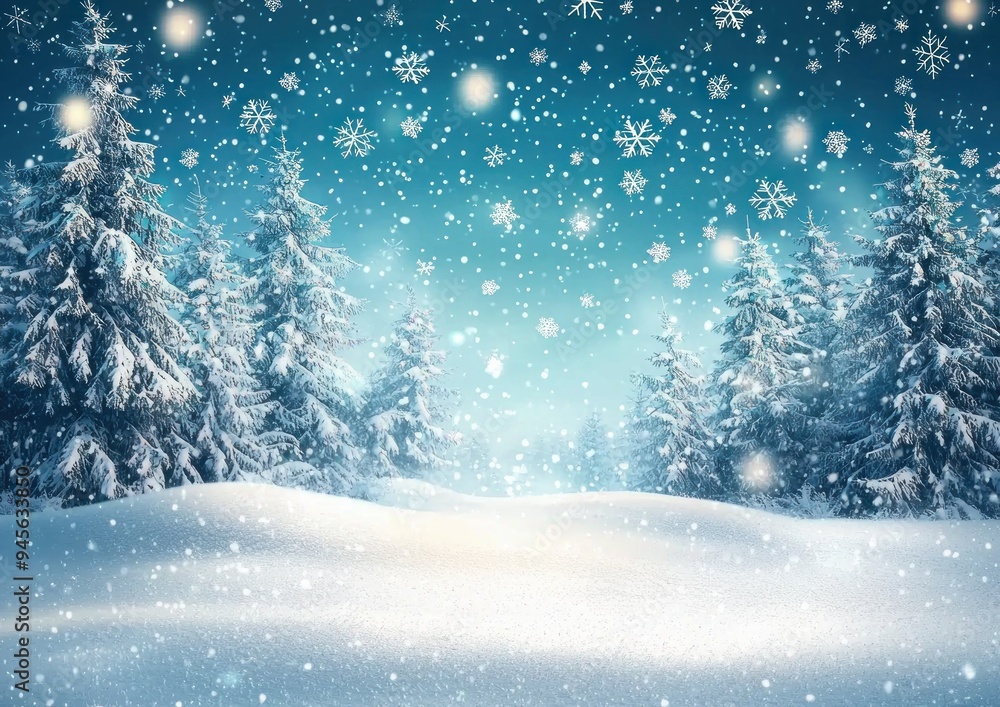 Snowy landscape with evergreen trees and snowflakes falling at sunrise Generative AI Snowy landscape with evergreen trees and snowflakes falling at sunrise Generative AI