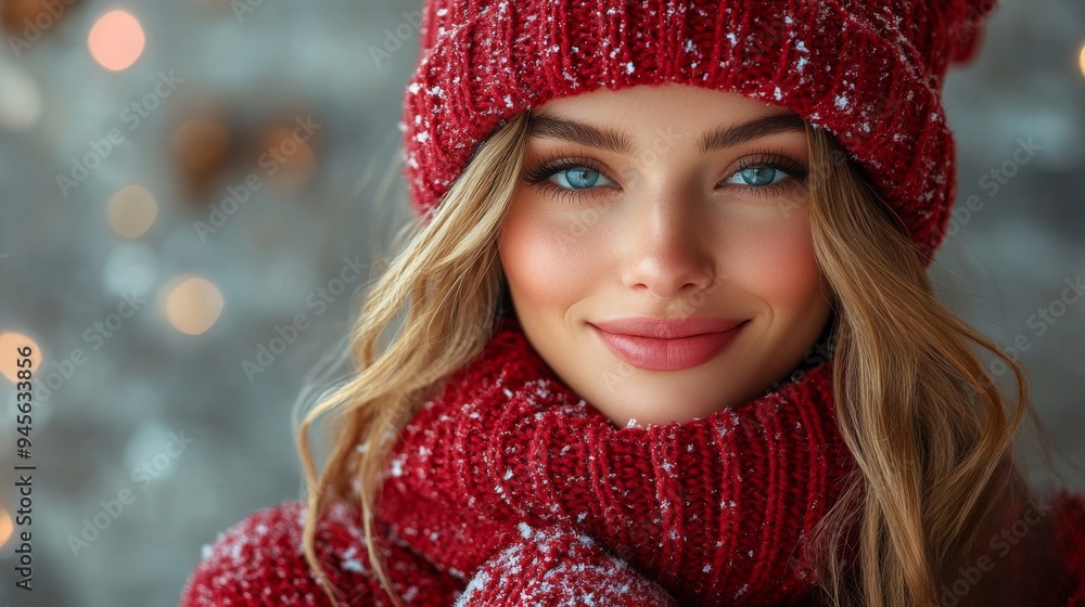 portrait of a woman in red knitted hat portrait of a woman in red knitted hat