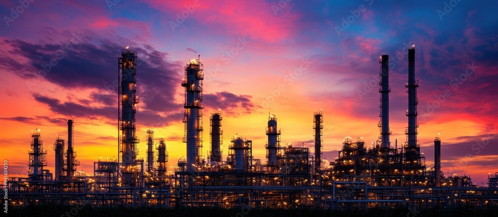 Industrial Oil Refinery at Sunset with Dramatic Sky and Illuminated Towers Industrial Oil Refinery at Sunset with Dramatic Sky and Illuminated Towers