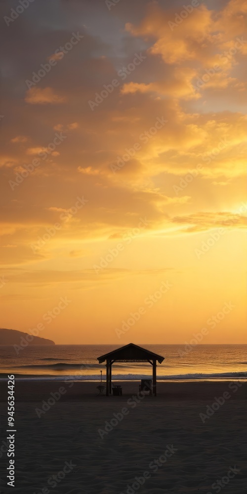 Breathtaking Sunset Over the Beach with a Tranquil Shelter: Nature's Beauty Unfolds Breathtaking Sunset Over the Beach with a Tranquil Shelter: Nature's Beauty Unfolds