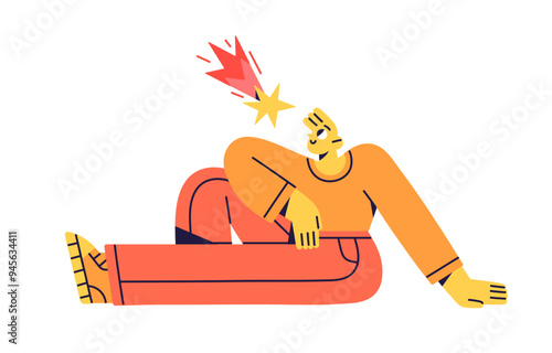 Abstract funny character dreaming, watching on falling star, makes wish concept. Happy person thinking finds new idea, creative inspiration. Flat isolated vector illustration on white background