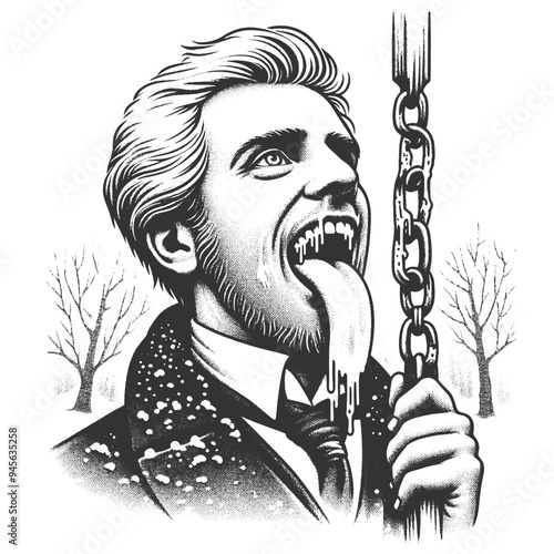 man with his tongue stuck to a frozen chain, humorous and dramatic winter scene sketch engraving generative ai fictional character vector illustration. Scratch board imitation. Black and white image.