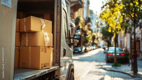 Delivery truck parked on a street, showcasing stacked cardboard boxes ready for shipment in a bright urban environment.