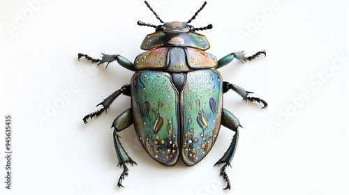 Scarab beetle insect on a pure white background -. A vibrant close-up of a beautifully detailed, irid photo