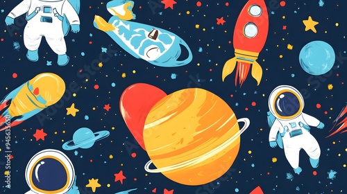 Wallpaper Mural seamless pattern of astronauts planets and rock. Seamless pattern of astronauts, planets, and rockets in a colorful outer space theme for children. Vi Torontodigital.ca
