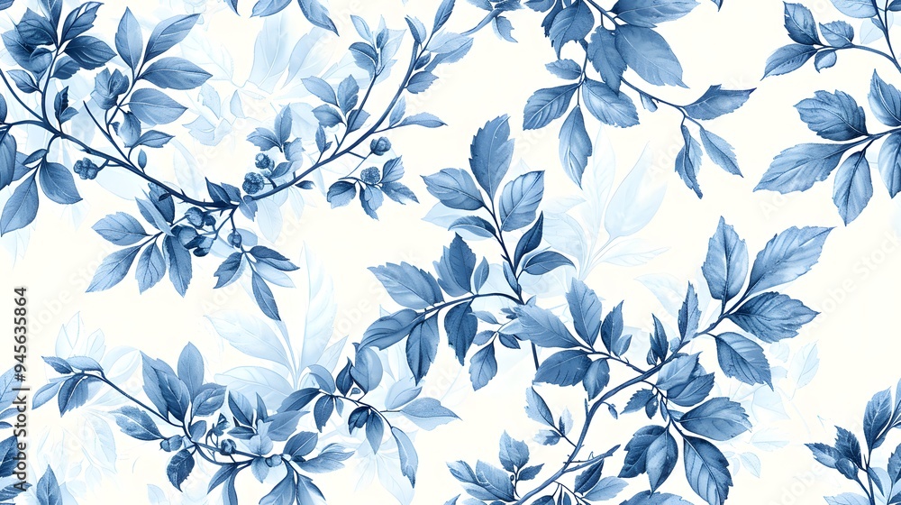 Fototapeta premium seamless tiled botanical chinese ming print. A stylish and elegant blue floral pattern featuring intricate leaves and berries against a light backgrou