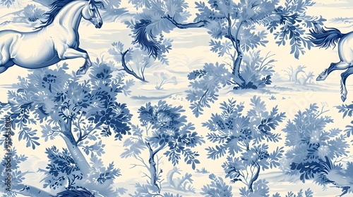 seamless tiled blue and white toile horse eques. A beautiful blue and white patterned wallpaper design featuring galloping horses amidst lush foliage 