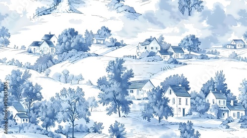seamless tiled blue and white toile village far. A serene and picturesque rural landscape featuring traditional homes set against rolling hills in sof
