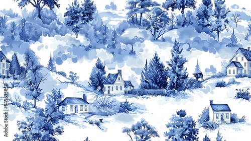 Seamless tiled blue and white toile village. A beautiful vintage blue and white scenic wallpaper pattern featuring idyllic country houses and trees