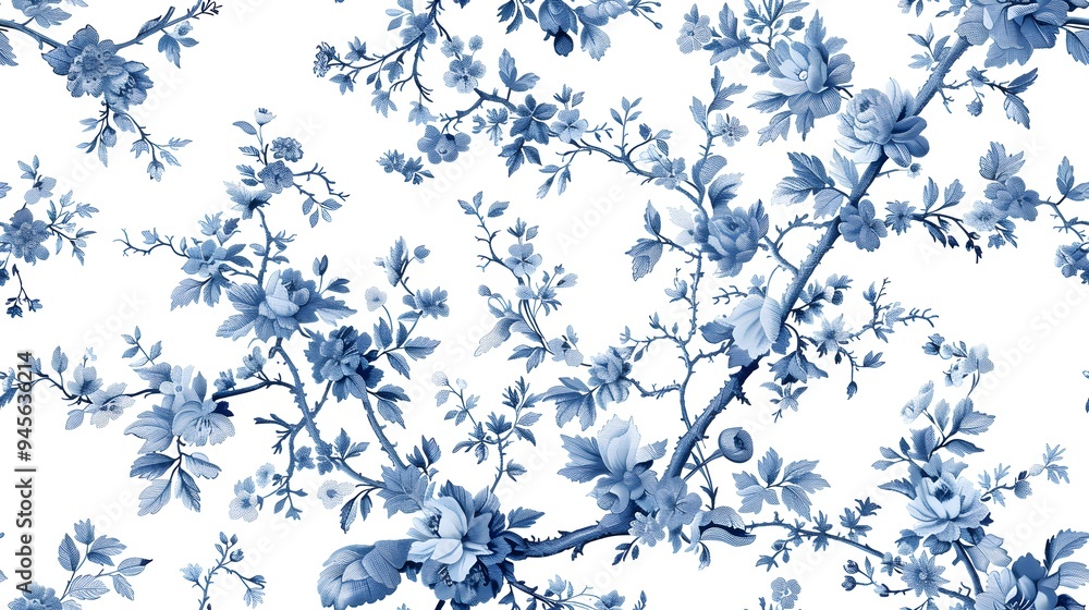 seamless tiled botanical toile print. A beautiful blue floral pattern featuring intricate branches and blossoms on a white background that evokes a cl seamless tiled botanical toile print. A beautiful blue floral pattern featuring intricate branches and blossoms on a white background that evokes a cl