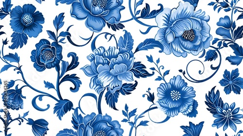 seamless tiled jacobean botanical flower print. A vibrant blue floral pattern on a white background, perfect for textile design and digital projects. 