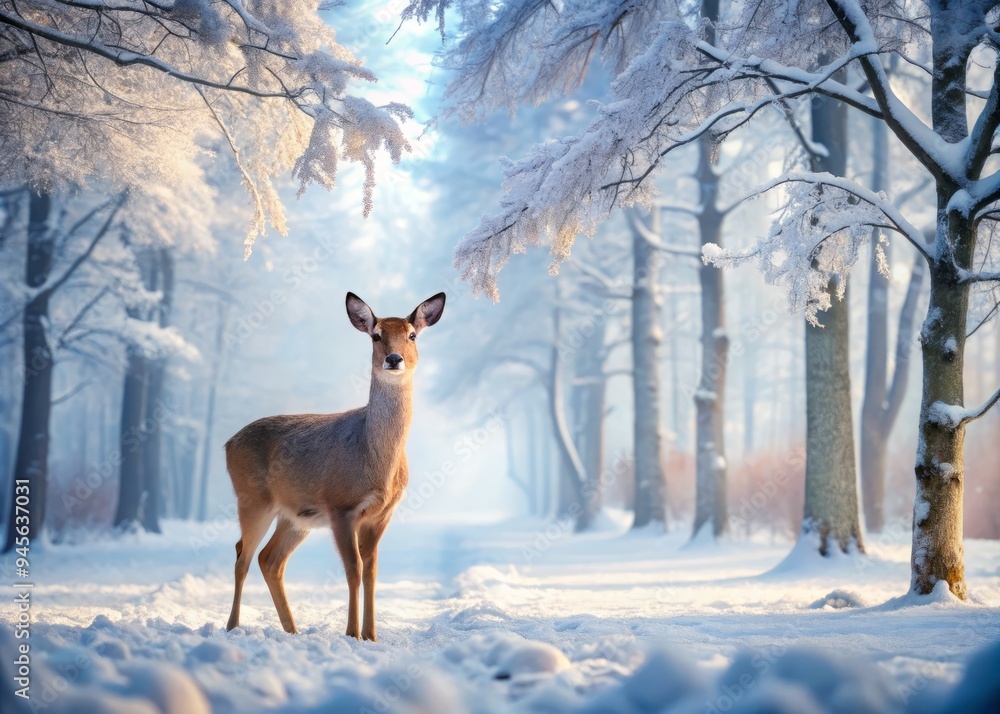 Serene winter wonderland scene featuring a gentle doe deer peacefully standing in a snow-covered forest, surrounded by frosty trees and a soft misty atmosphere. Serene winter wonderland scene featuring a gentle doe deer peacefully standing in a snow-covered forest, surrounded by frosty trees and a soft misty atmosphere.