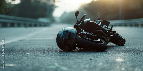Motorcycle Accident on Empty Road at Sunrise with Helmet