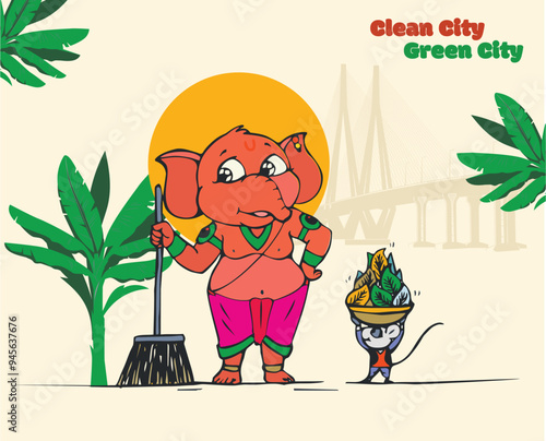 Happy Ganesh Chaturthi: Celebrating Lord Ganesha Festival. A funny cartoon of lord Ganesha spreading the social message of Clean City Green City
