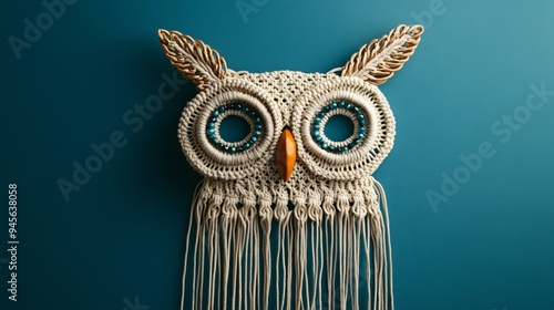 Macrame owl wall hanging with bead eyes, set against a deep teal background photo