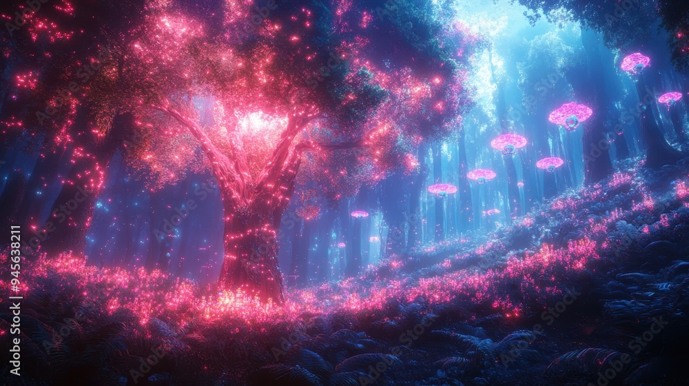 A futuristic scene where AI drones with vibrant, glowing lights monitor and nurture a thriving, colorful ecosystem A futuristic scene where AI drones with vibrant, glowing lights monitor and nurture a thriving, colorful ecosystem