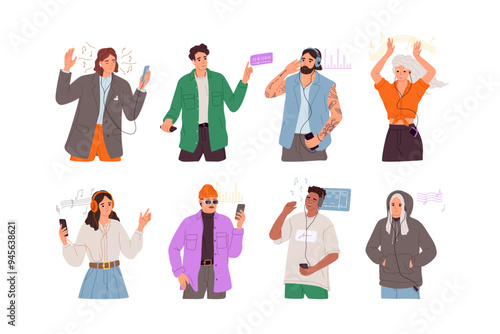 Happy people in headphones listen to music, audio records, podcasts with mobile phones set. Men and women in earphones dance for joy, sing song. Flat isolated vector illustrations on white background