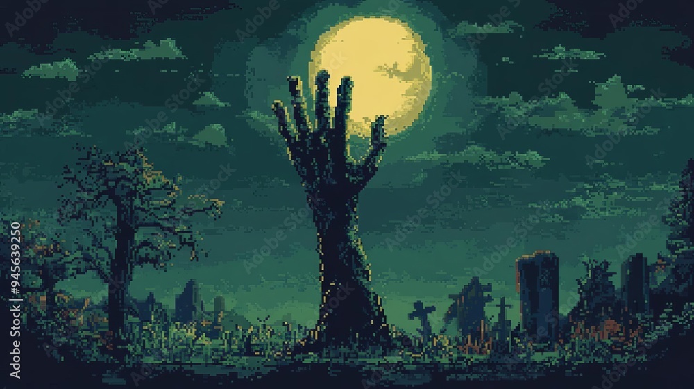 8-bit zombie hand rising from the grave, Retro 8-bit, Halloween undead 8-bit zombie hand rising from the grave, Retro 8-bit, Halloween undead