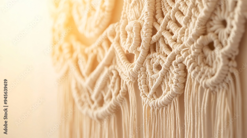 Macrame wall art with intricate knots, against a gradient sunset background Macrame wall art with intricate knots, against a gradient sunset background