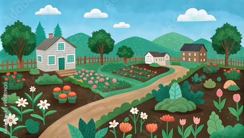 A Colorful Cottage Garden with Flowers and Winding Path