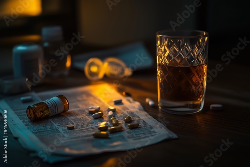 Pills  Alcohol  and Newspaper on a Wooden Table