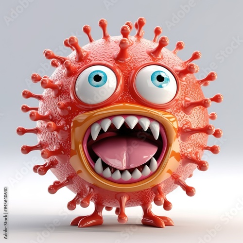 An angry, cartoonish-looking virus character on a white background
