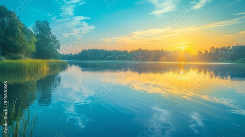 sunset at coast of the lake. Nature landscape. Nature in northern Europe. reflection, blue sky and yellow sunlight. landscape during sunset.