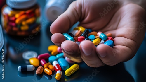 A hand holding various colorful pills with a background of medication bottles.