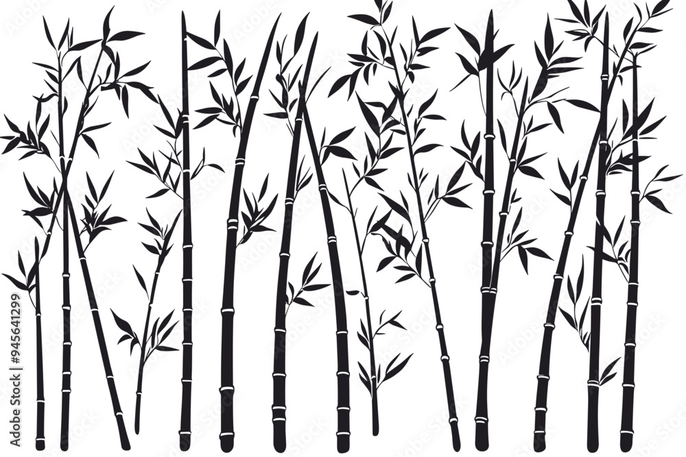 Obraz premium Bamboo forest stems. Jungle bamboo stems silhouettes, bamboo branches with leaves, decorative bamboo flat vector illustration set