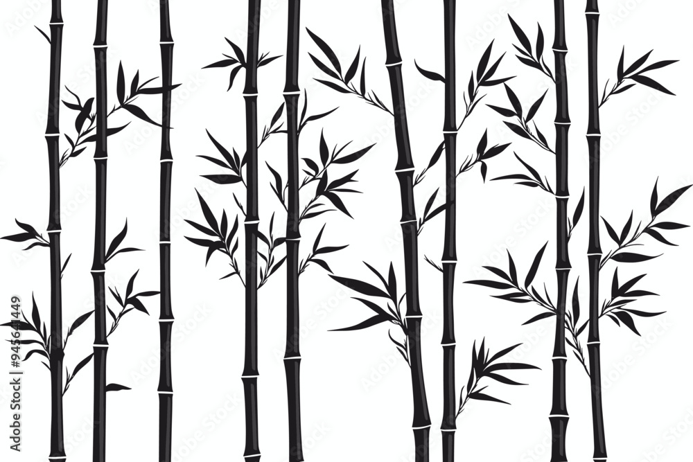 Obraz premium Bamboo forest stems. Jungle bamboo stems silhouettes, bamboo branches with leaves, decorative bamboo flat vector illustration set