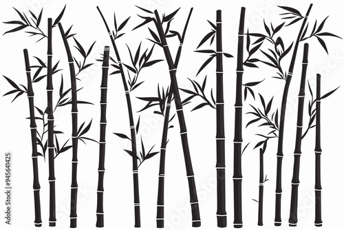 Bamboo forest stems. Jungle bamboo stems silhouettes, bamboo branches with leaves, decorative bamboo flat vector illustration set