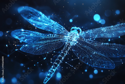 An abstract digital background banner featuring a dragonfly silhouette intertwined with data connection elements in blue and black colors