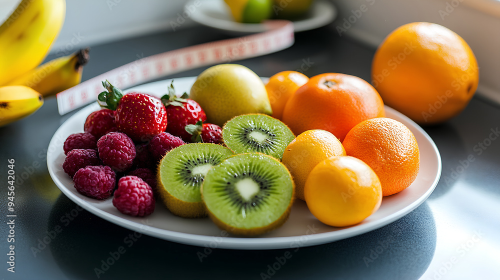 A plate of fresh fruits, including strawberries and kiwi on the left side, oranges in front with a plastic measuring tape around them, A plate of fresh fruits, including strawberries and kiwi on the left side, oranges in front with a plastic measuring tape around them,