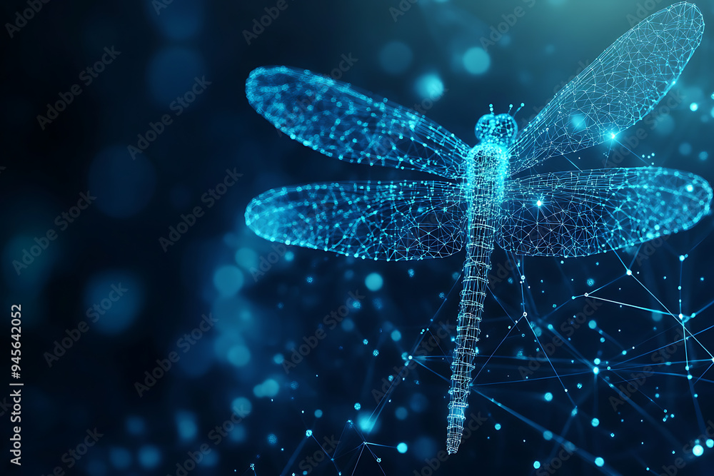 An abstract digital background banner featuring a dragonfly silhouette intertwined with data connection elements in blue and black colors An abstract digital background banner featuring a dragonfly silhouette intertwined with data connection elements in blue and black colors