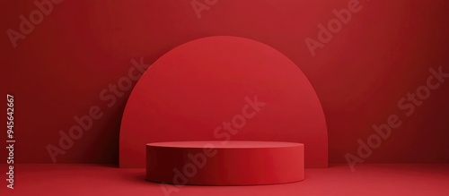 3D rendering of a contemporary red realistic cylindrical pedestal stage or product stand featuring a semi circle geometric illustration backdrop Abstract template for innovative product presentati photo