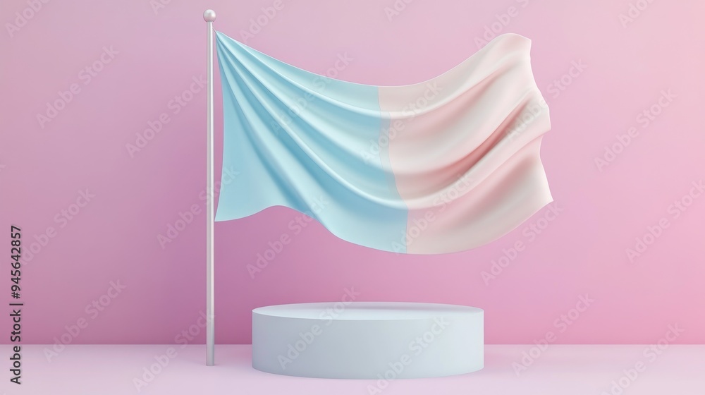 3D rendering of a flag displayed on a stand featuring modern pastel colors The waving flag design includes drawing shading and color on separate layers organized for easy editing 3D rendering of a flag displayed on a stand featuring modern pastel colors The waving flag design includes drawing shading and color on separate layers organized for easy editing