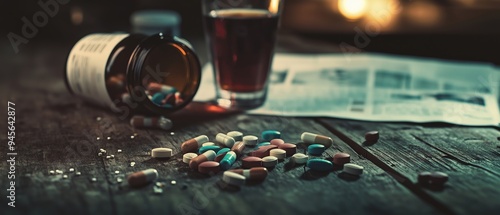 Pills Scattered on Wooden Table with Glass of Alcohol and Newspaper
