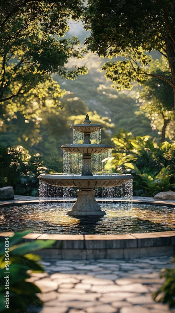 Elegant garden with a stone water fountain, enhancing the beauty of blooming flowers pictures Elegant garden with a stone water fountain, enhancing the beauty of blooming flowers pictures