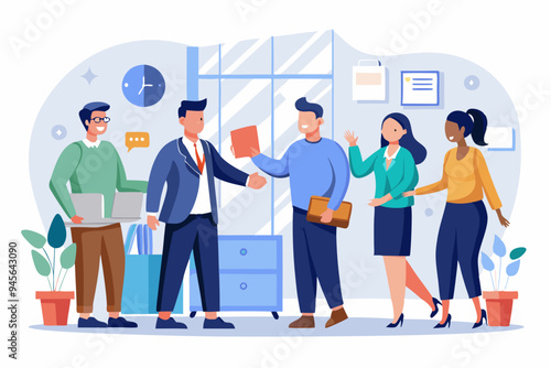 Onboarding new employee, warm welcome to new office, introduce new hire to colleagues, orientation training on first day concept, businessman manager handshake welcome and introduce new staff to team.