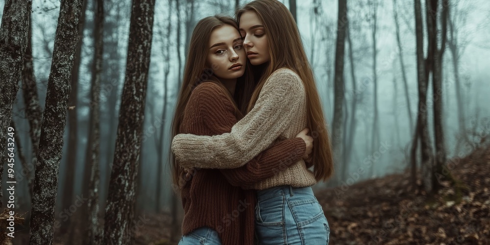 Emotional Connection in Nature: A Serene Moment Between Two Friends in the Forest Emotional Connection in Nature: A Serene Moment Between Two Friends in the Forest