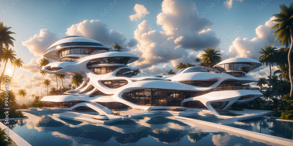 A large, modern futuristic house with a pool and a lot of windows. The ...