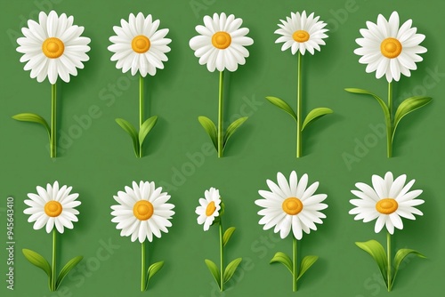 Collection of chamomile icons, white daisy with yellow center, charming flower design, set of round floral elements, growth concept, love symbol, minimalist flat design, green background, nature and s photo