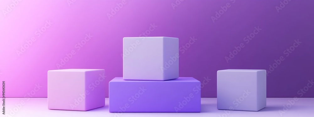 3D illustration of purple violet and white cubes on a square podium in a minimal studio setting Abstract geometric shape rendering suitable for showcasing cosmetic or fashion products 3D illustration of purple violet and white cubes on a square podium in a minimal studio setting Abstract geometric shape rendering suitable for showcasing cosmetic or fashion products