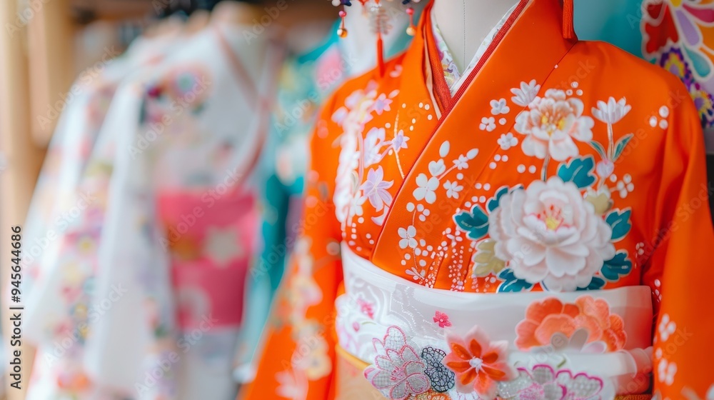 Fototapeta premium Vibrant Orange Kimono with Floral Embroidery Detail A Close-Up of Traditional Japanese Garment