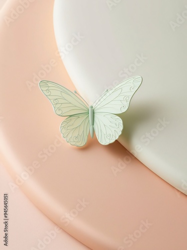 A minimalist depiction of a delicate butterfly perched on a pastel peach background. The butterfly's intricate patterns and gentle colors contrast with the smooth, muted backdrop, Generative AI