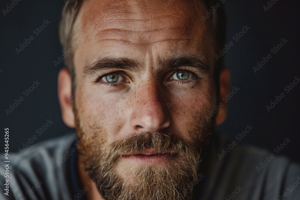 Obraz premium A serious-looking man with short hair and a beard, exuding confidence and determination, captured against a neutral background.