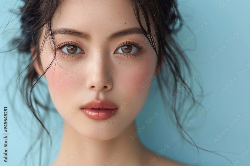 Close-up portrait of a young Asian woman smiling against a bright blue background, exuding confidence and beauty, with space for text or branding. Close-up portrait of a young Asian woman smiling against a bright blue background, exuding confidence and beauty, with space for text or branding.