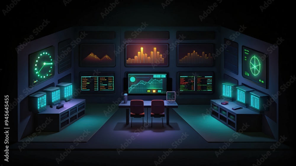 Fototapeta premium A futuristic control room with computer monitors and glowing graphics.