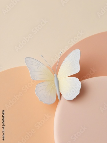 A minimalist depiction of a delicate butterfly perched on a pastel peach background. The butterfly's intricate patterns and gentle colors contrast with the smooth, muted backdrop, Generative AI