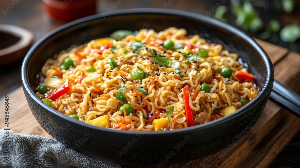 Steaming bowl of ramen with colorful vegetables, vibrant red and green gradient, rich texture, copy space for text, captures Japanese cuisine essence Steaming bowl of ramen with colorful vegetables, vibrant red and green gradient, rich texture, copy space for text, captures Japanese cuisine essence